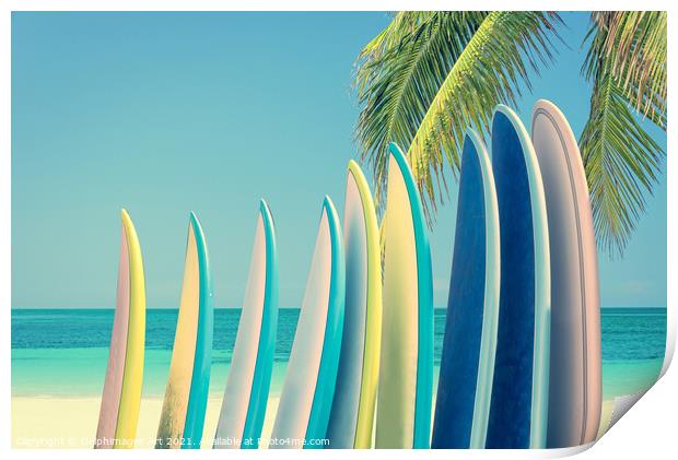 Surfboards on a beach. Surf decor Print by Delphimages Art