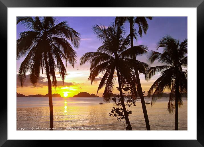 Beach and palm trees at sunset , island of Palawan Framed Mounted Print by Delphimages Art