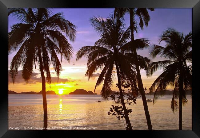 Beach and palm trees at sunset , island of Palawan Framed Print by Delphimages Art