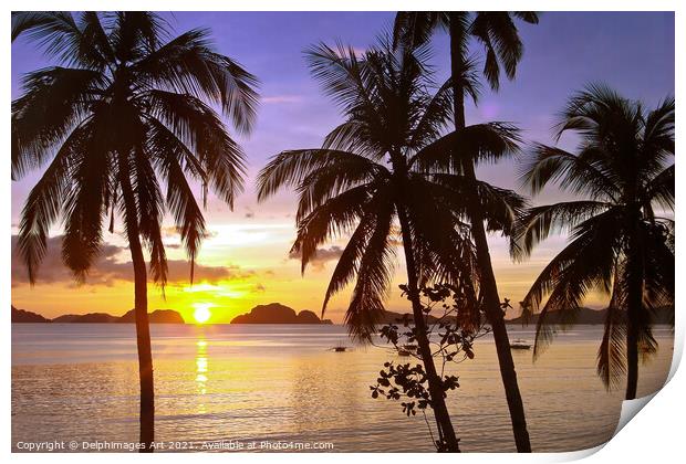 Beach and palm trees at sunset , island of Palawan Print by Delphimages Art