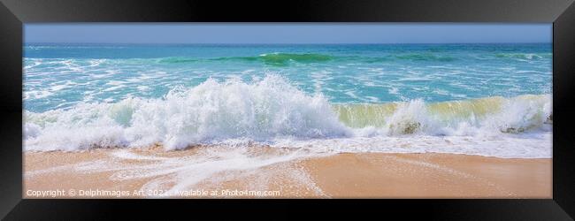 Ocean waves on a beach panorama Framed Print by Delphimages Art