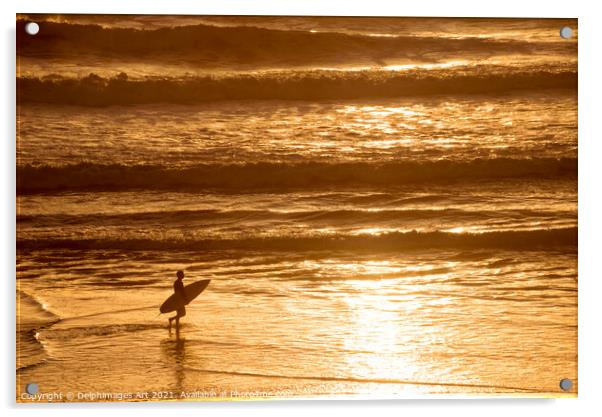 Silhouette of a surfer at sunset in the ocean Acrylic by Delphimages Art