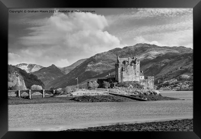 Eilean Donan Castle seen from the north monochrome Framed Print by Graham Moore