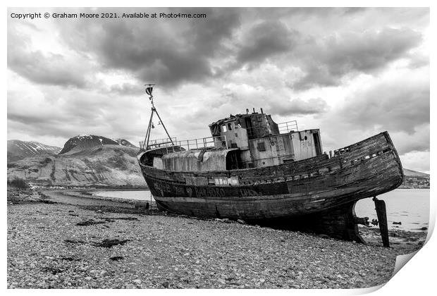 Ship wreck at Corpach monochrome Print by Graham Moore