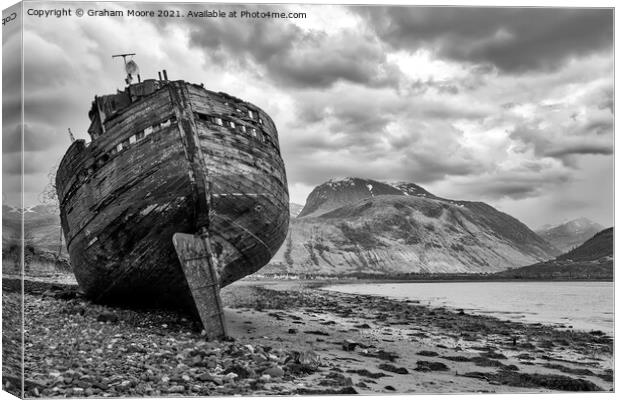 Ship wreck at Corpach monochrome Canvas Print by Graham Moore