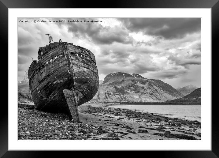 Ship wreck at Corpach monochrome Framed Mounted Print by Graham Moore