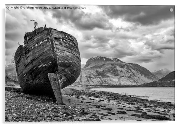Ship wreck at Corpach monochrome Acrylic by Graham Moore