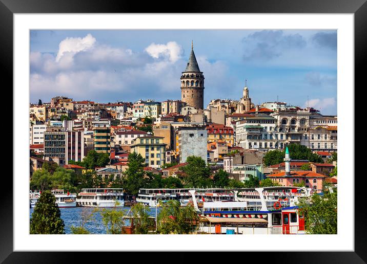 City Of Istanbul Cityscape With Galata Tower Framed Mounted Print by Artur Bogacki