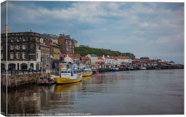 Whitby Yellow Boats Canvas Print by Richard Perks