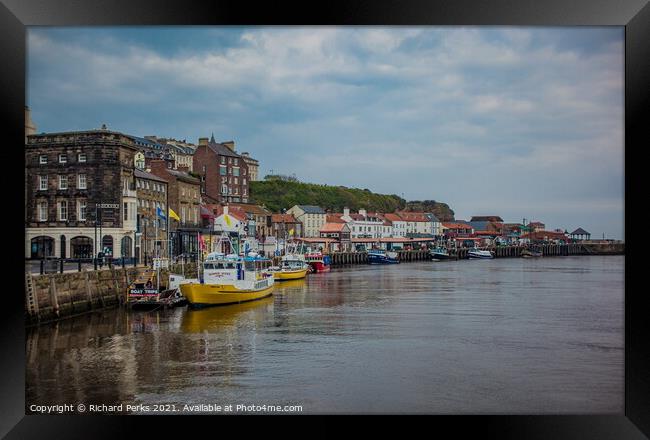 Whitby Yellow Boats Framed Print by Richard Perks