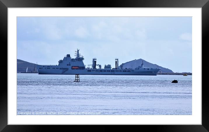 Majestic RFA ship anchored in scenic Plymouth Soun Framed Mounted Print by Graham Nathan
