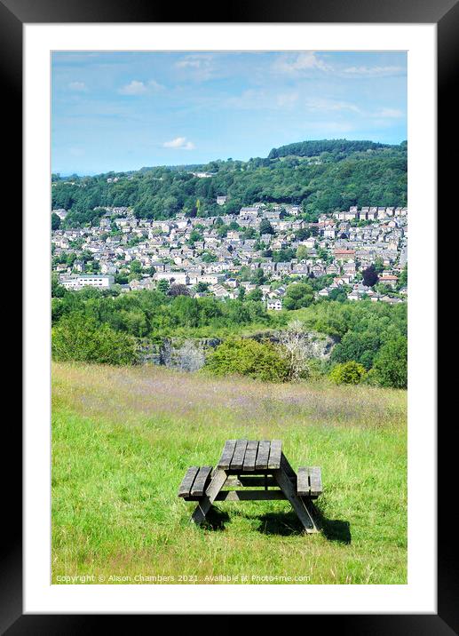 Matlock View and Picnic Table Framed Mounted Print by Alison Chambers