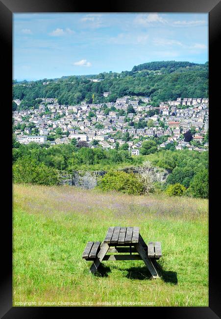 Matlock View and Picnic Table Framed Print by Alison Chambers