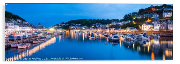 Looe night time panorama, Cornwall Acrylic by Justin Foulkes