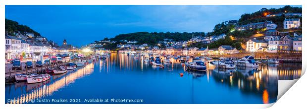 Looe night time panorama, Cornwall Print by Justin Foulkes