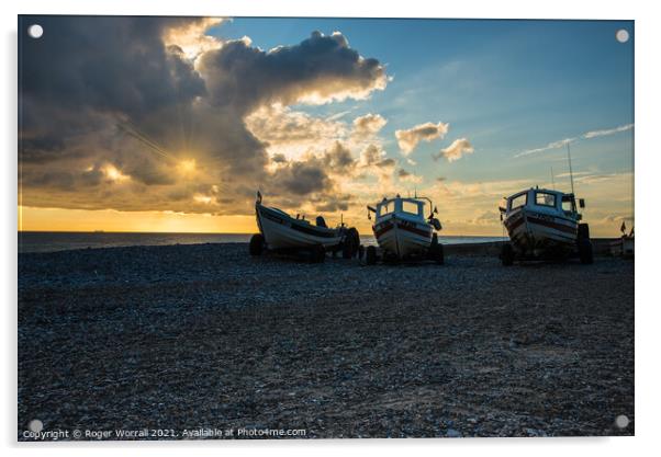 Norfolk Sunrise Cromer Fishing Boats Acrylic by Roger Worrall