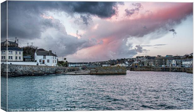 Pink sky in the morning, Porthleven cornwall,ship  Canvas Print by kathy white