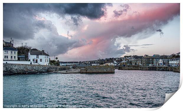 Pink sky in the morning, Porthleven cornwall,ship  Print by kathy white
