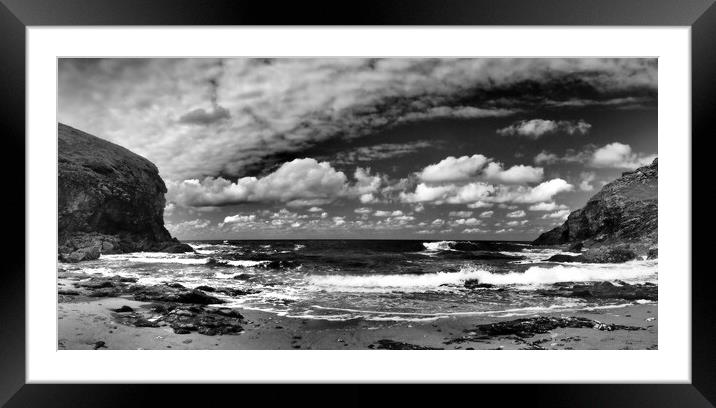 Cornwall sea and coast monochrome panorama Framed Mounted Print by mark humpage