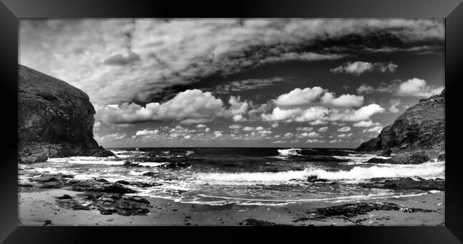 Cornwall sea and coast monochrome panorama Framed Print by mark humpage