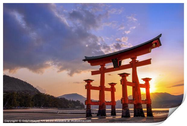 Great torii of Miyajima at sunset, Japan Print by Delphimages Art