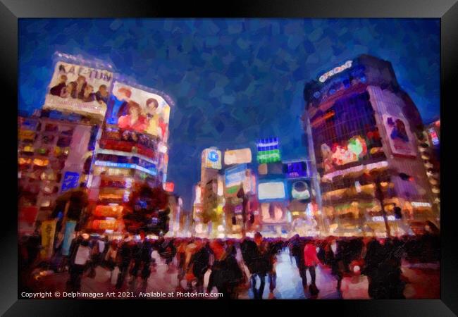 Japan. Shibuya crossing in Tokyo at night Framed Print by Delphimages Art