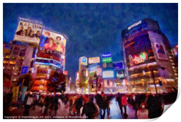 Japan. Shibuya crossing in Tokyo at night Print by Delphimages Art
