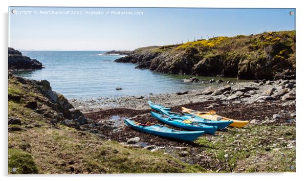 Rhoscolyn Kayaks Anglesey Wales Acrylic by Pearl Bucknall
