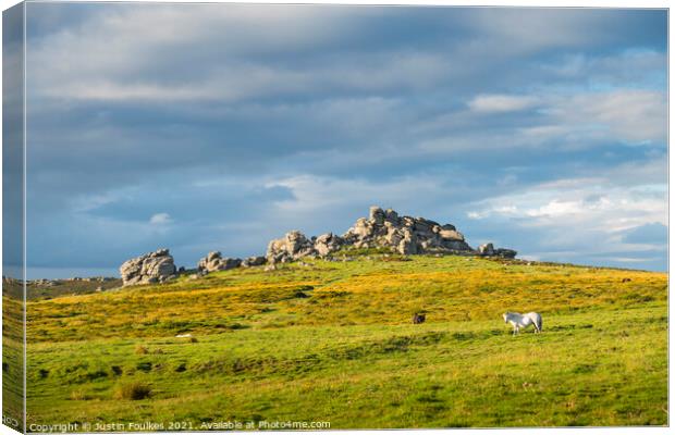 Hound Tor, with Dartmoor Pony, Dartmoor, Devon Canvas Print by Justin Foulkes