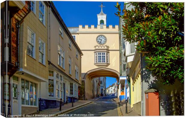 Totnes East Gate Arch and Clock Tower Canvas Print by Paul F Prestidge