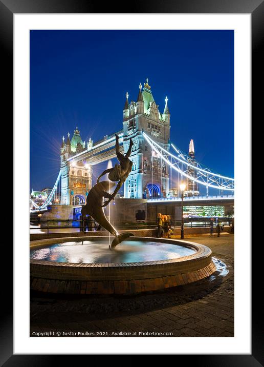 Tower Bridge and the 'Girl with a Dolphin' statue, London Framed Mounted Print by Justin Foulkes