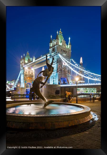 Tower Bridge and the 'Girl with a Dolphin' statue, London Framed Print by Justin Foulkes
