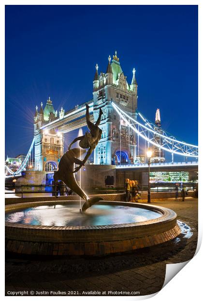 Tower Bridge and the 'Girl with a Dolphin' statue, London Print by Justin Foulkes