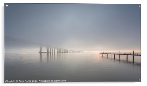 Long bridge over tagus river in Lisbon at sunrise with fog Acrylic by Paulo Rocha