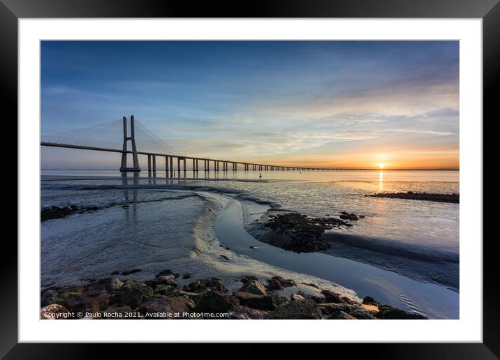 Long bridge over tagus river in Lisbon at sunrise Framed Mounted Print by Paulo Rocha