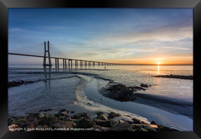 Long bridge over tagus river in Lisbon at sunrise Framed Print by Paulo Rocha