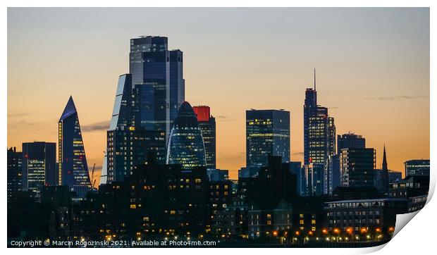 London City skyscrapers at sunset Print by Marcin Rogozinski