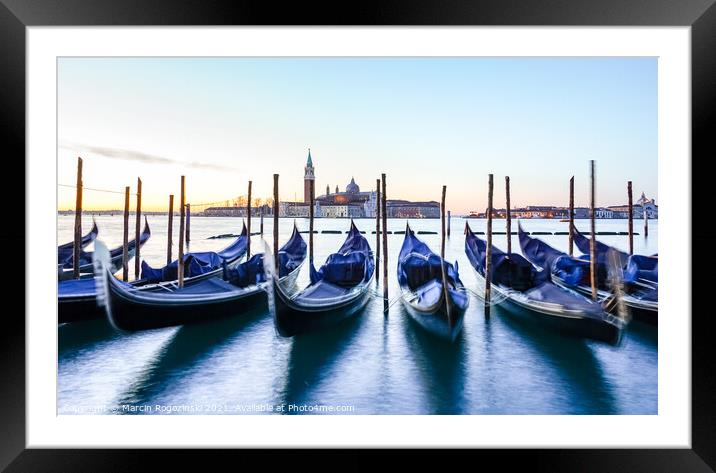 Venice gondolas at sunrise Framed Mounted Print by Marcin Rogozinski