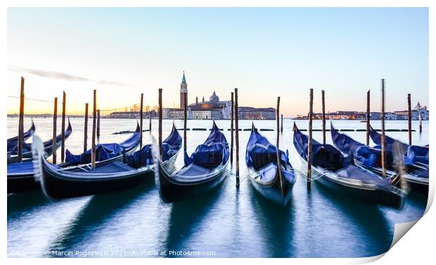Venice gondolas at sunrise Print by Marcin Rogozinski