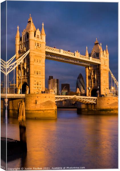 Tower Bridge at sunrise, London Canvas Print by Justin Foulkes