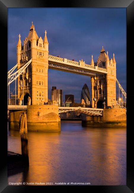 Tower Bridge at sunrise, London Framed Print by Justin Foulkes