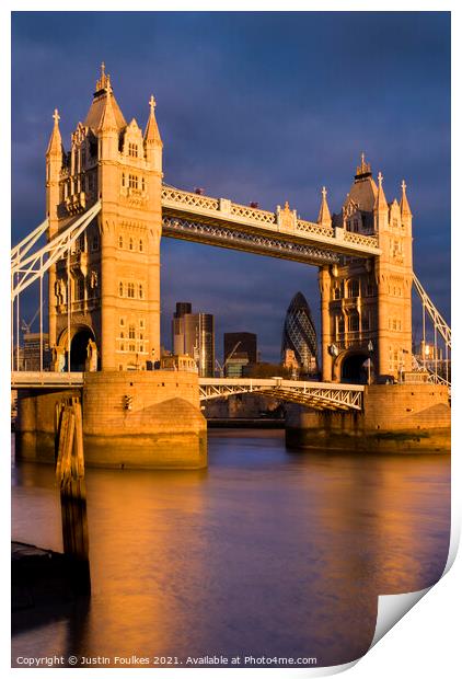 Tower Bridge at sunrise, London Print by Justin Foulkes