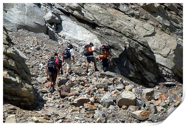 Trekkers Climbing over Landslide Print by Serena Bowles