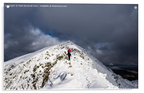 Climbing Snowdon in Winter Acrylic by Pearl Bucknall