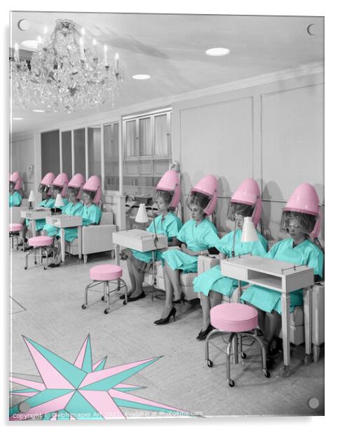 Ladies with vintage hair dryers in a hair salon Acrylic by Delphimages Art