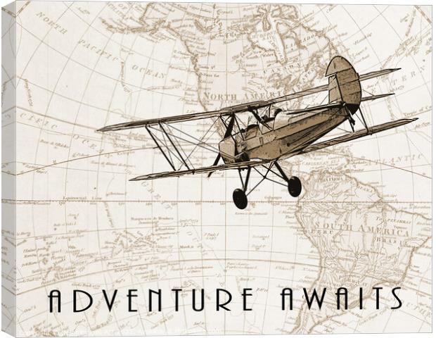Adventure awaits,  old plane and vintage map Canvas Print by Delphimages Art