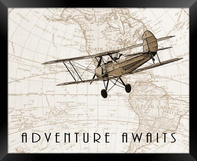 Adventure awaits,  old plane and vintage map Framed Print by Delphimages Art