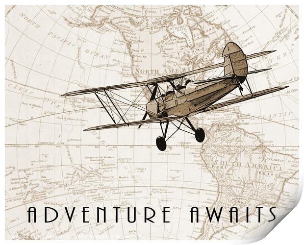 Adventure awaits,  old plane and vintage map Print by Delphimages Art