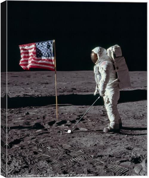 Astronaut playing golf on the moon, space golf Canvas Print by Delphimages Art