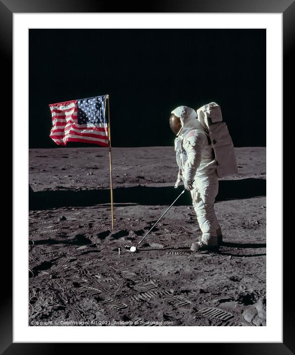 Astronaut playing golf on the moon, space golf Framed Mounted Print by Delphimages Art